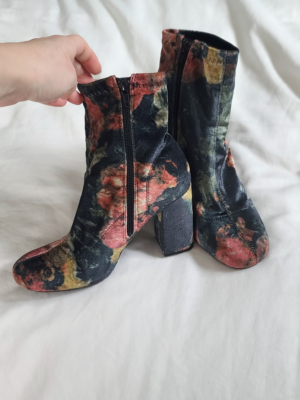 MIA Floral Velvet Block Heel Ankle Boots - Black Multi
